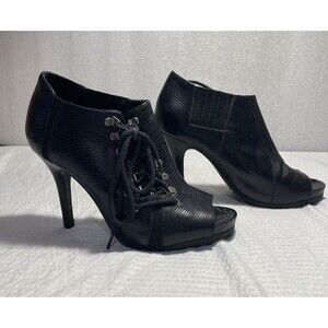 Juicy Couture Womens Stiletto Shoe Bootie Size 9M Black Patent Lace Up Peep Toe